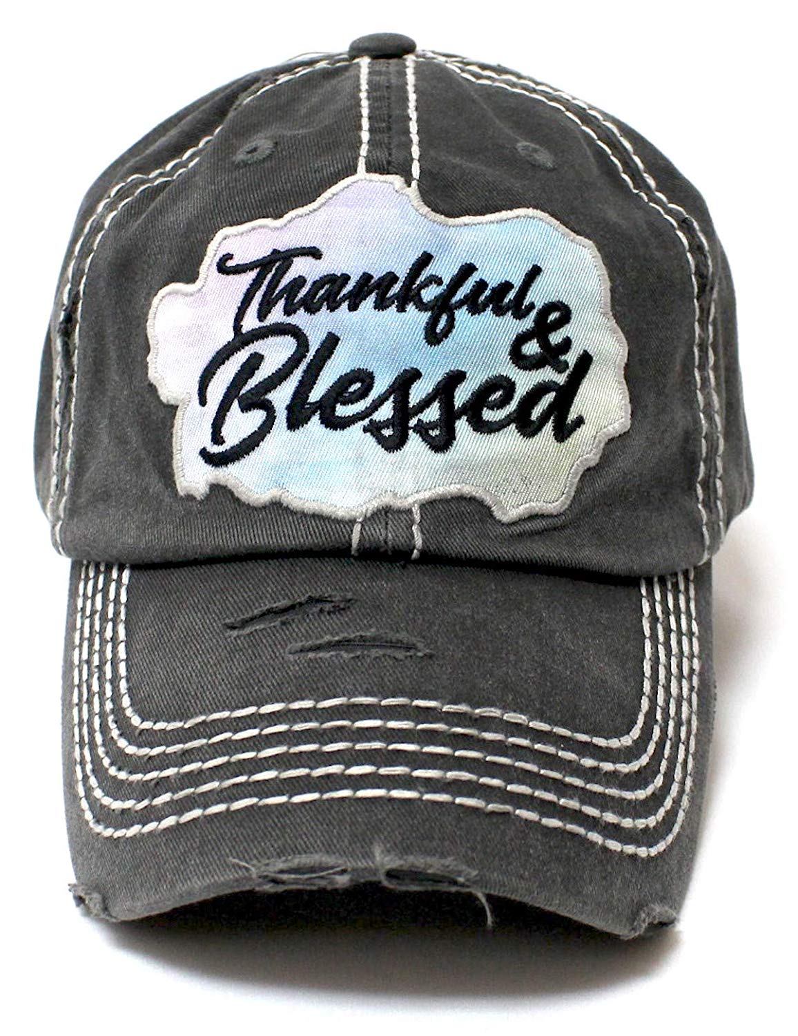 CAPS 'N VINTAGE Charcoal Blk Thankful & Blessed Chrome Patch Embroidery Hat - Caps 'N Vintage 