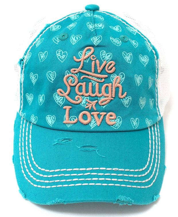Women's Live, Laugh, Love hearts Pattern Meshback Hat-Turquoise - Caps 'N Vintage 