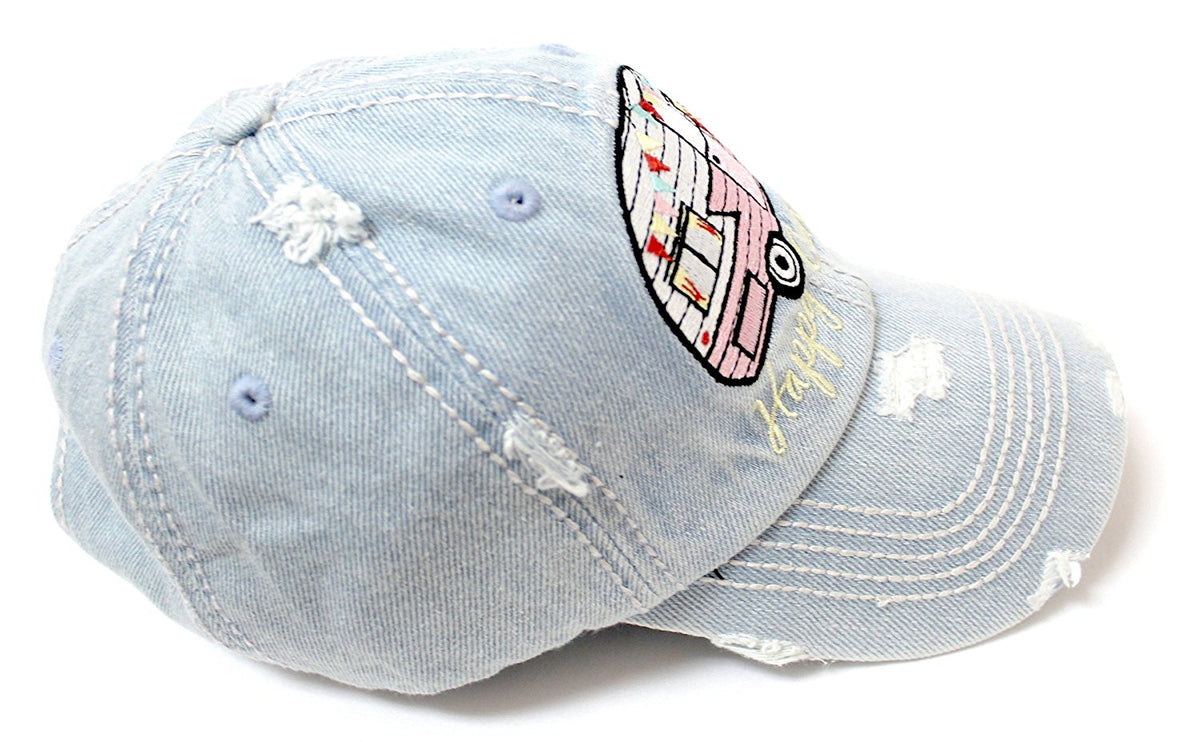 Vintage-Denim Washed "Happy Camper" Patch Embroidery Baseball Cap - Caps 'N Vintage 