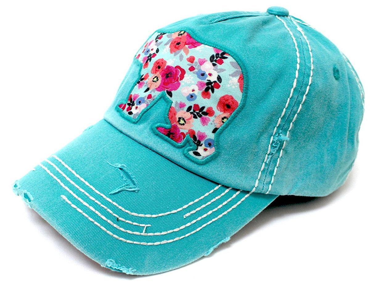 CAPS 'N VINTAGE Turquoise Floral Pattern Bear Hat - Caps 'N Vintage 