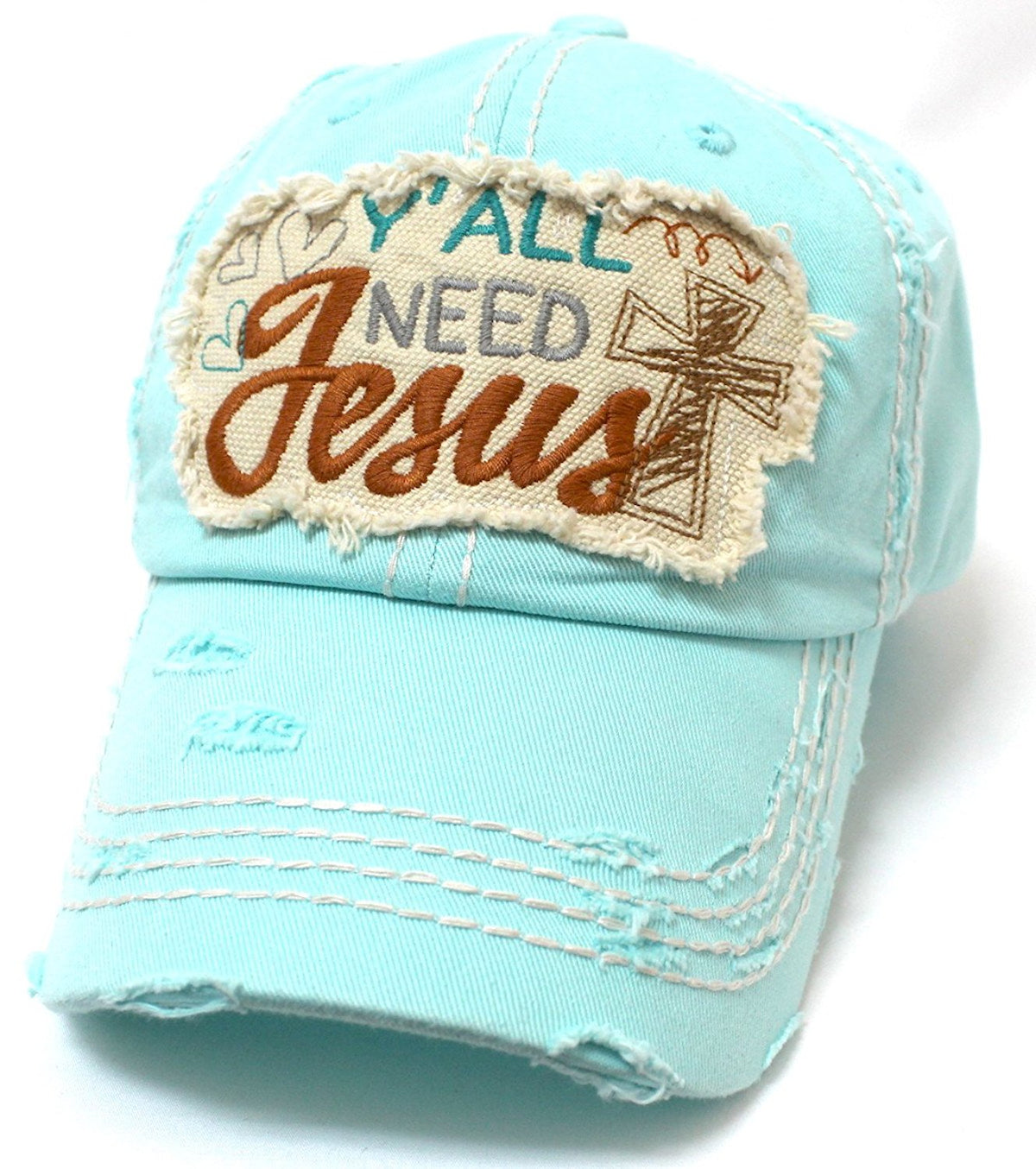 Hearts, Cross, Y'all Need Jesus Patch Embroidery Hat-Ice Blue - Caps 'N Vintage 