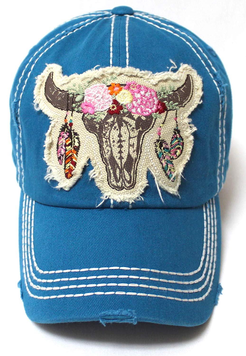 Women's Floral Cow Skull Patch Embroidery Vintage Baseball Hat, Teal Blue - Caps 'N Vintage 