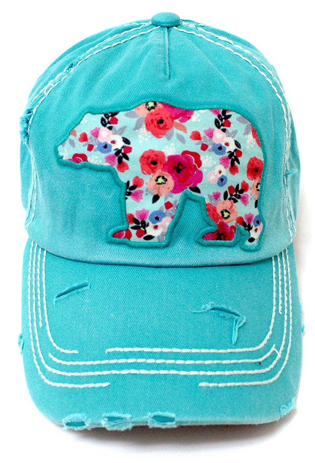 CAPS 'N VINTAGE Turquoise Floral Pattern Bear Hat - Caps 'N Vintage 
