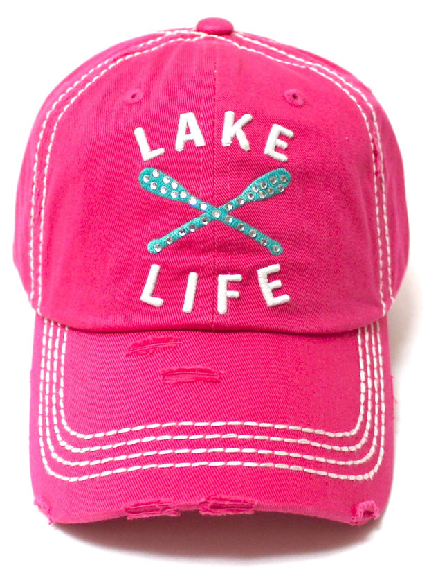 Women's Vintage Beach Cap Lake Life Embellished Boat Paddles Monogram Embroidery Hat, Hot Pink - Caps 'N Vintage 