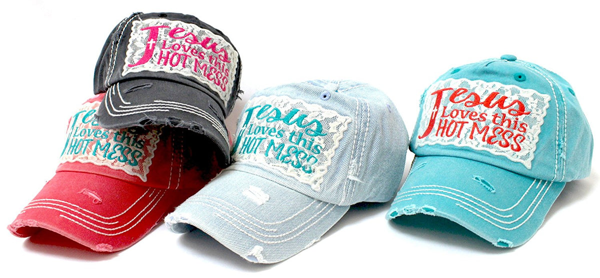 Turquoise Jesus Loves This Hot Mess Lace Embroidery Cap - Caps 'N Vintage 