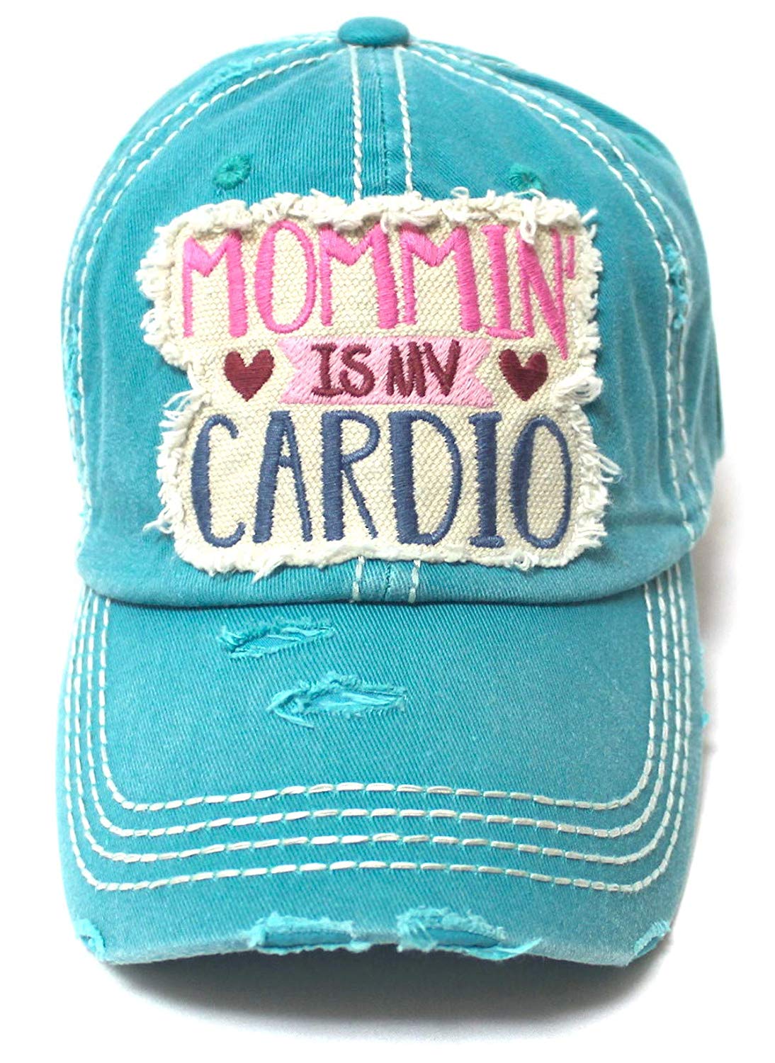 Women's Ballcap Mommin' is My Cardio Distressed Vintage Unconstructed Embroidered Hat, Turquoise - Caps 'N Vintage 