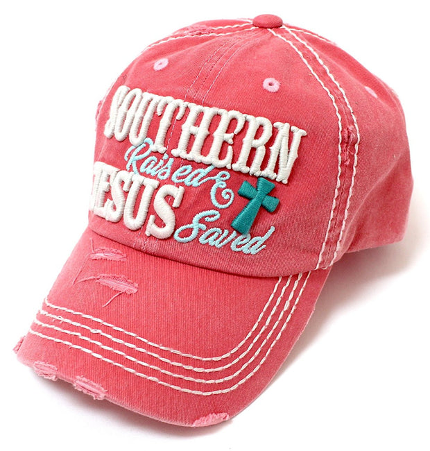 CAPS 'N VINTAGE Women's Southern Raised & Jesus Saved Cross Embroidery Hat - Caps 'N Vintage 