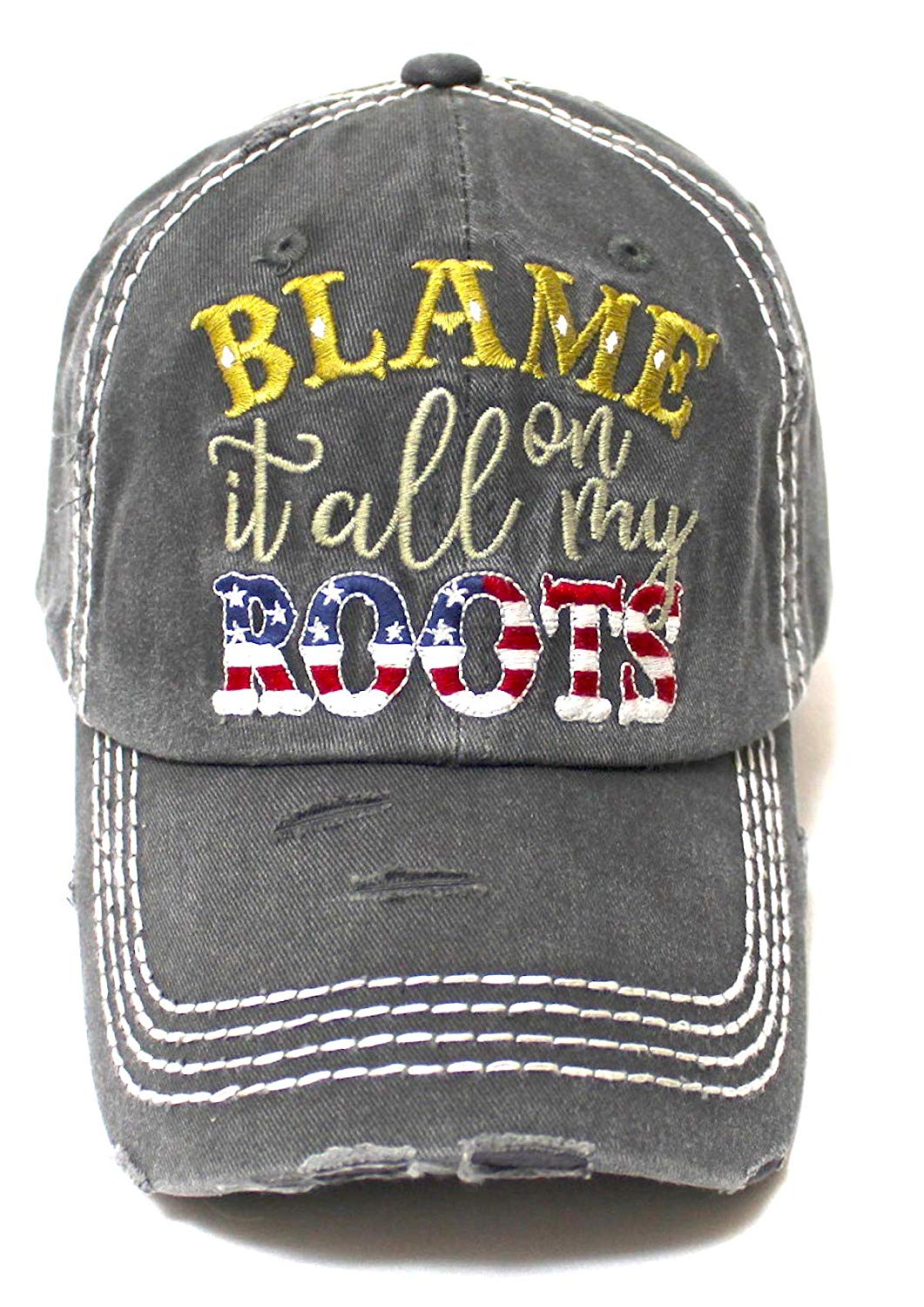Classic Ballcap Blame it All on My Roots Monogram Embroidery USA Flag Themed Hat, Vintage Black - Caps 'N Vintage 