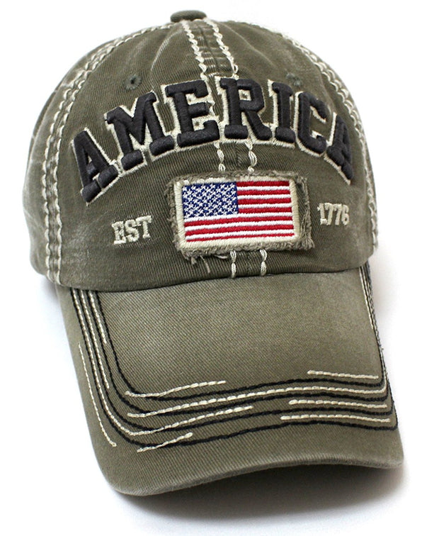 CAPS 'N VINTAGE Olive America EST. 1776 Flag Patch Embroidery Baseball Hat - Caps 'N Vintage 