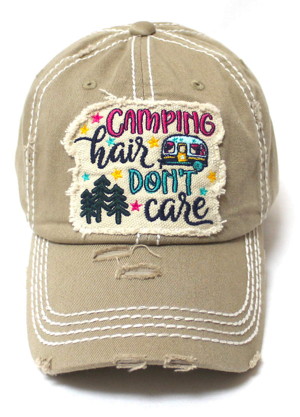 Women's Baseball Cap Camping Hair Don't Care Patch Embroidery Monogram Hat, Vintage Khaki - Caps 'N Vintage 