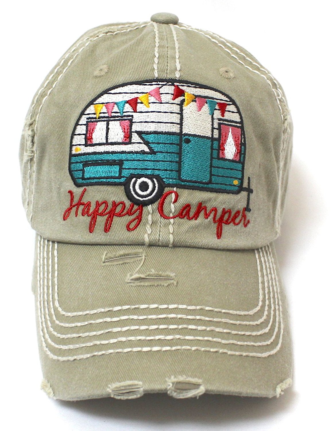 KHAKI Happy Camper Distressed Baseball Cap - Caps 'N Vintage 
