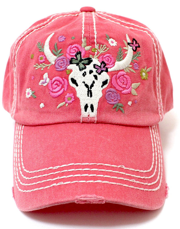 CAPS 'N VINTAGE Rose Pink Women's Floral Cow Skull Embroidery & Rose Detail Hat - Caps 'N Vintage 