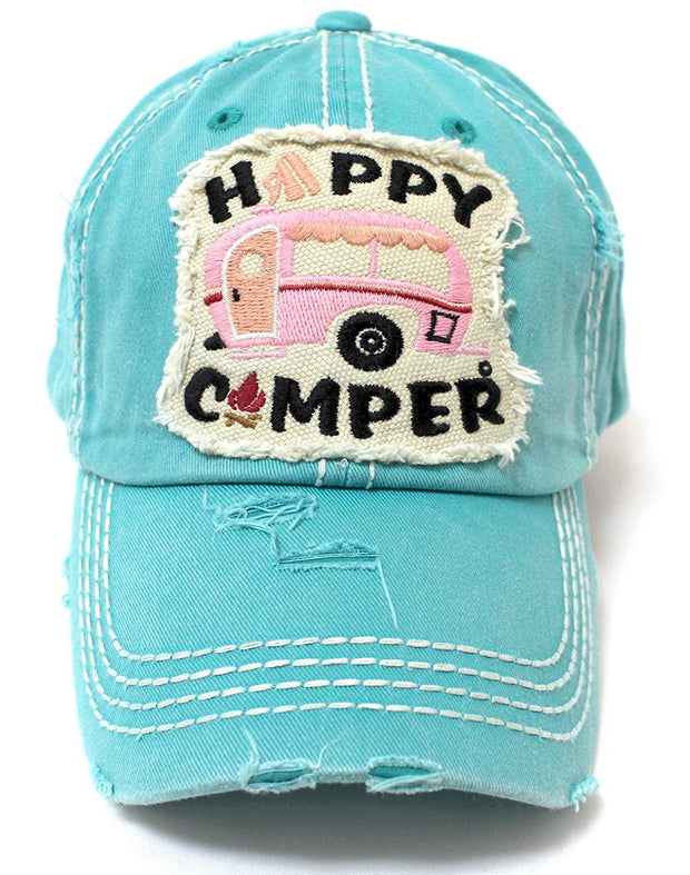 TIFFANY BLUE Happy Camper Camp Fire Patch Embroidery Baseball Hat - Caps 'N Vintage 