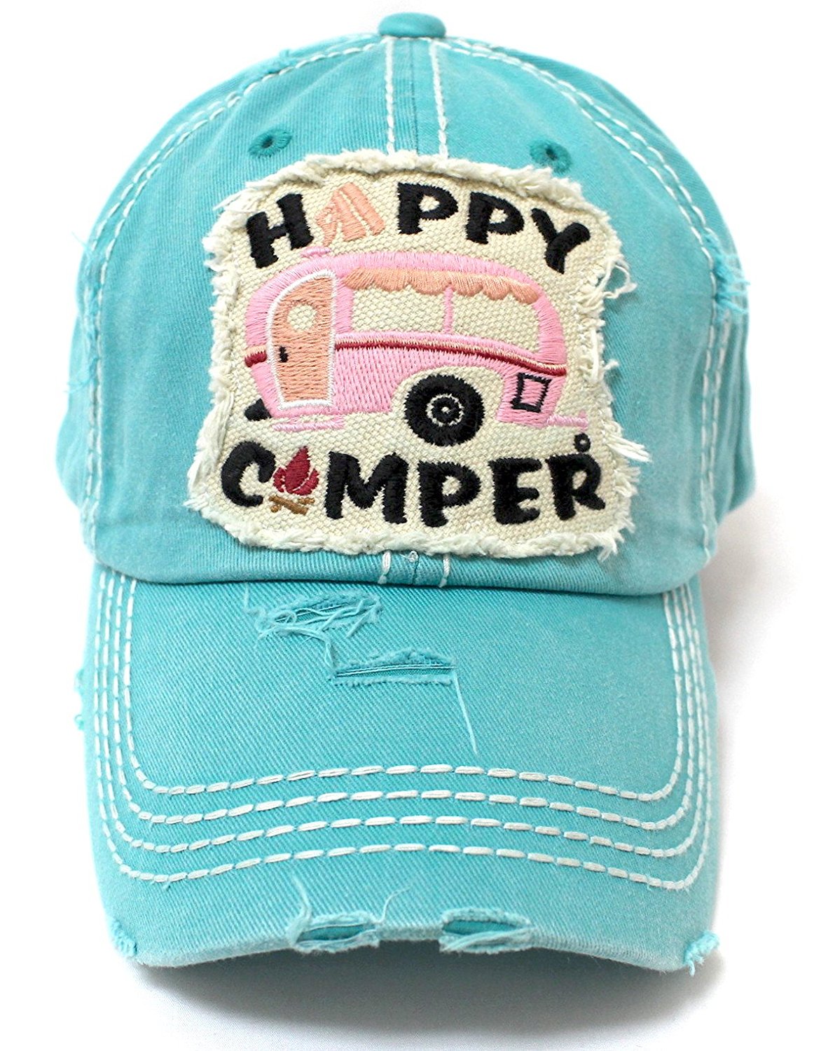 TIFFANY BLUE Happy Camper Camp Fire Patch Embroidery Baseball Hat - Caps 'N Vintage 