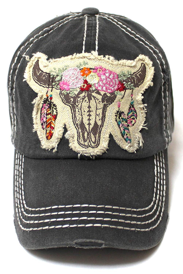 Floral Cow Skull Patch Embroidery Vintage Baseball Hat, Charcoal - Caps 'N Vintage 