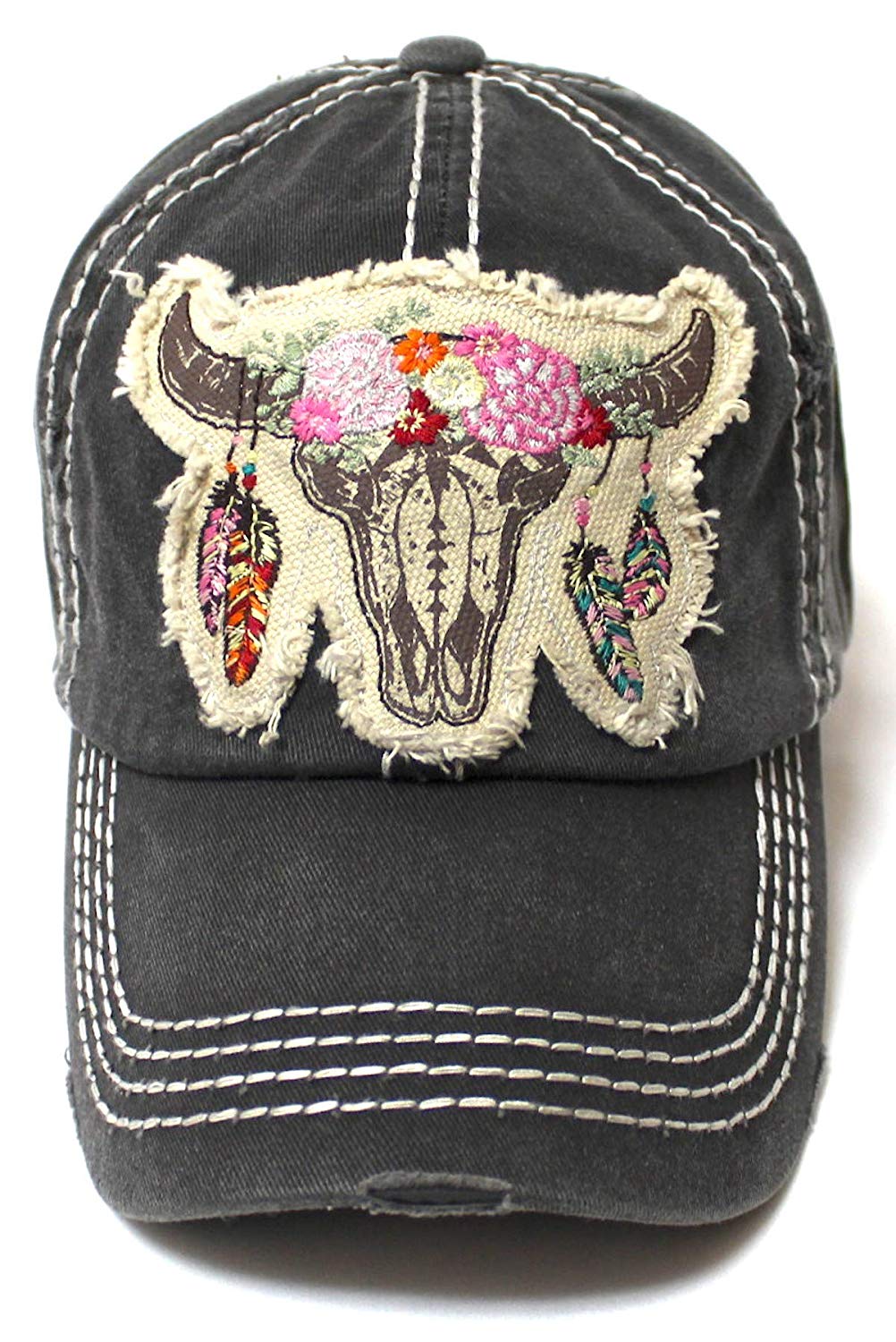 Floral Cow Skull Patch Embroidery Vintage Baseball Hat, Charcoal - Caps 'N Vintage 
