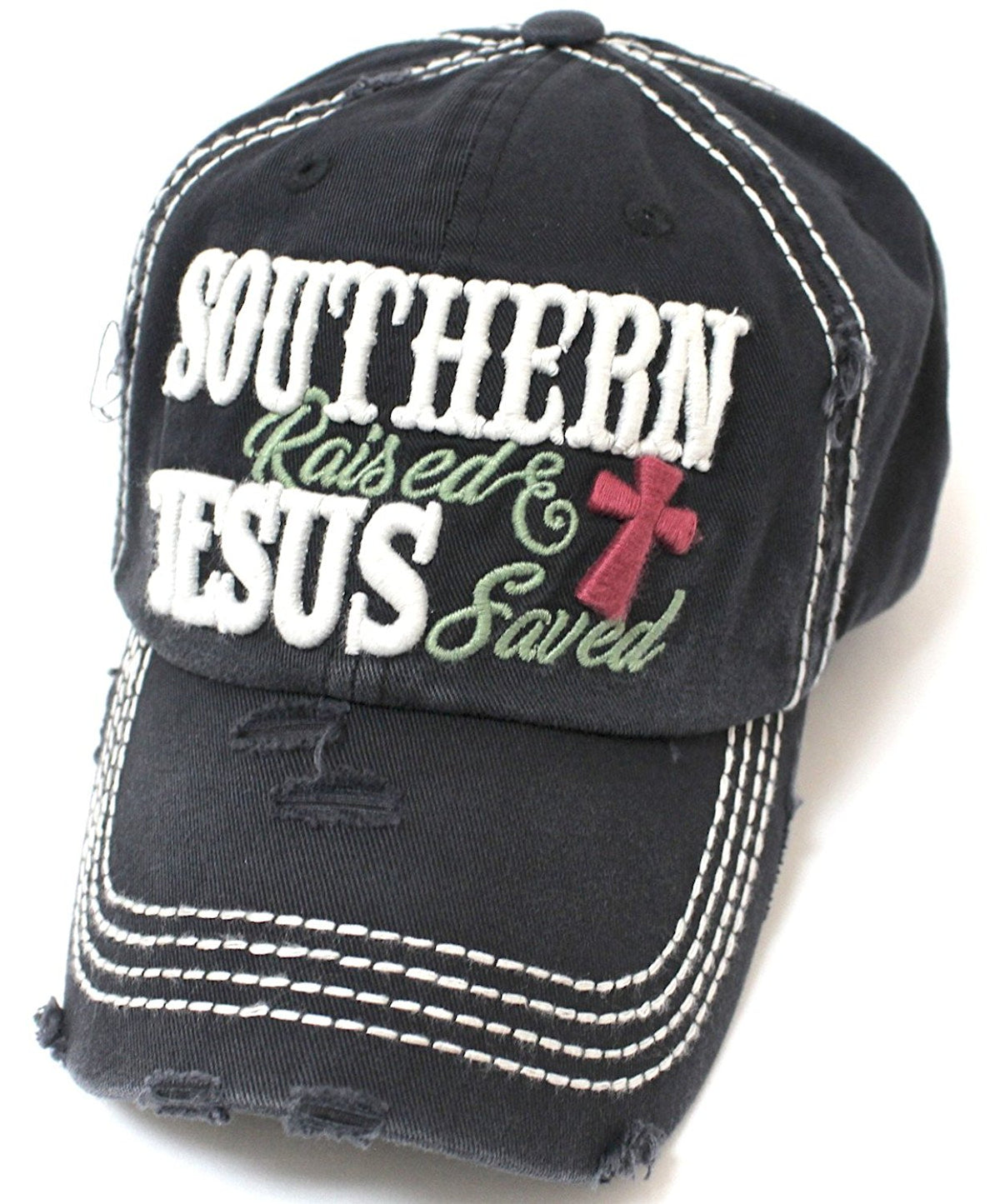 CAPS 'N VINTAGE Black Southern Raised & Jesus Saved Cross Embroidery Hat - Caps 'N Vintage 