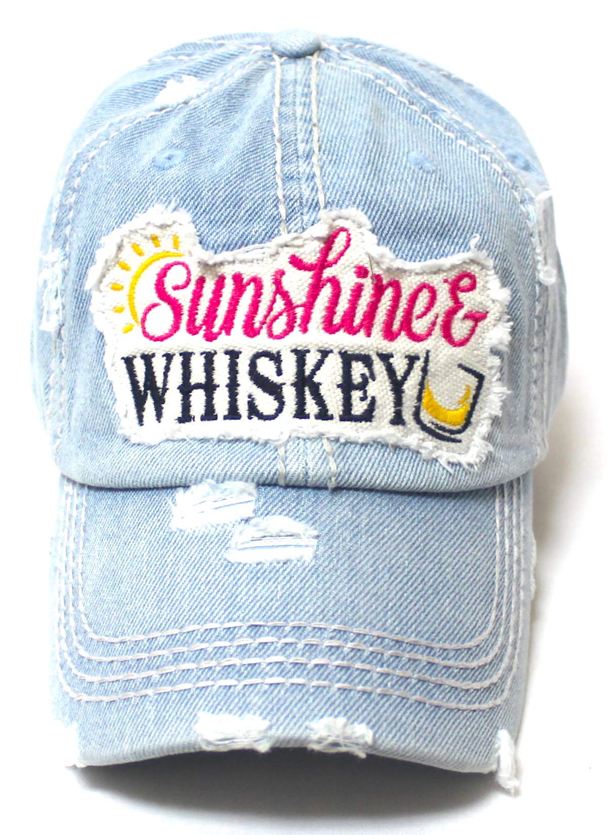 Women's Vintage Beach Hat Sunshine Fun Patch Embroidery Monogram Ballcap, Distressed Denim - Caps 'N Vintage 