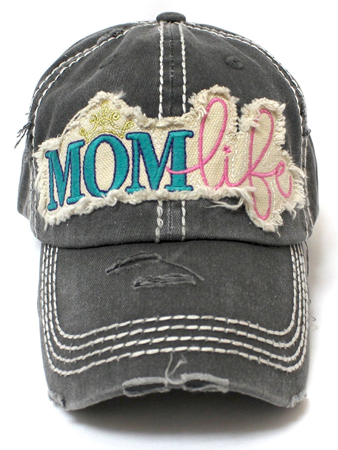 CAPS 'N VINTAGE BLK MOM Life Princess Patch Embroidery Cap w/Gold Crown Monogram Detail - Caps 'N Vintage 