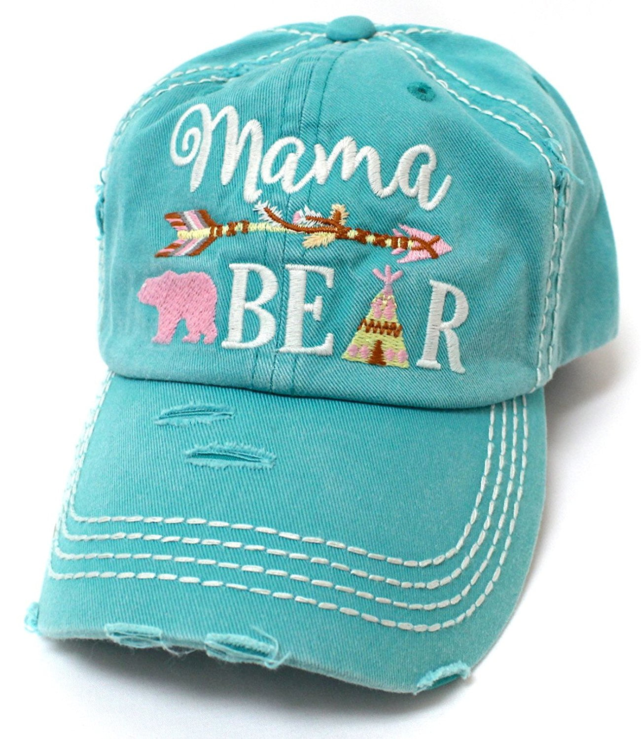 CAPS 'N VINTAGE Women's Turquoise Mama Bear Indian Teepee Themed Baseball Hat - Caps 'N Vintage 
