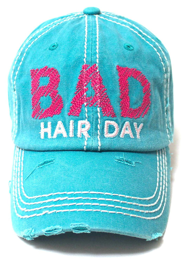 CAPS 'N VINTAGE Bad Hair Day Stitch Embroidery Distressed Baseball Hat, Turquoise Blue - Caps 'N Vintage 