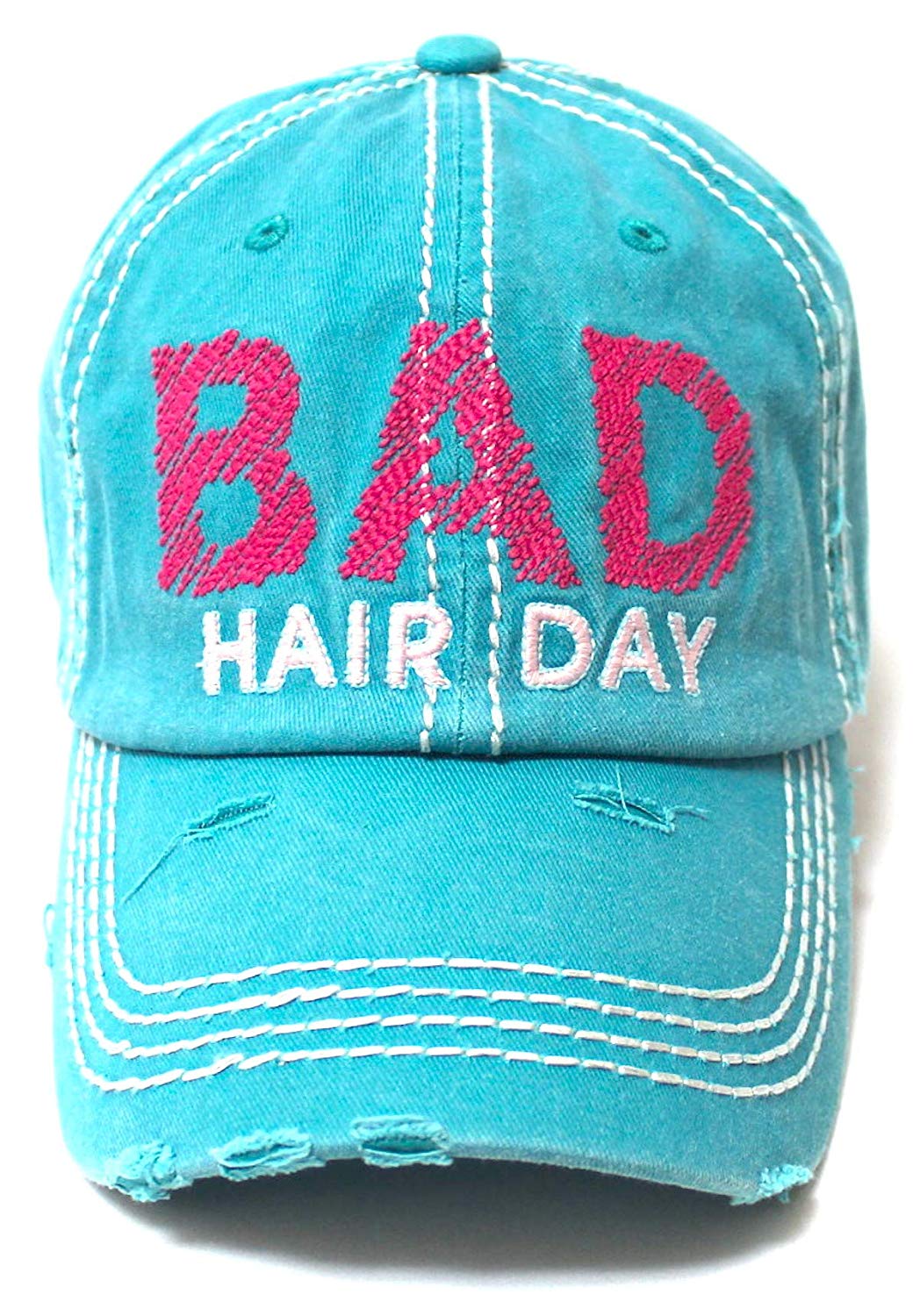 CAPS 'N VINTAGE Bad Hair Day Stitch Embroidery Distressed Baseball Hat, Turquoise Blue - Caps 'N Vintage 