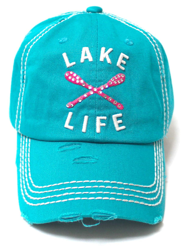 Women's Vintage Beach Cap Lake Life Pink Paddles Monogram Embroidery Hat, Turquoise - Caps 'N Vintage 