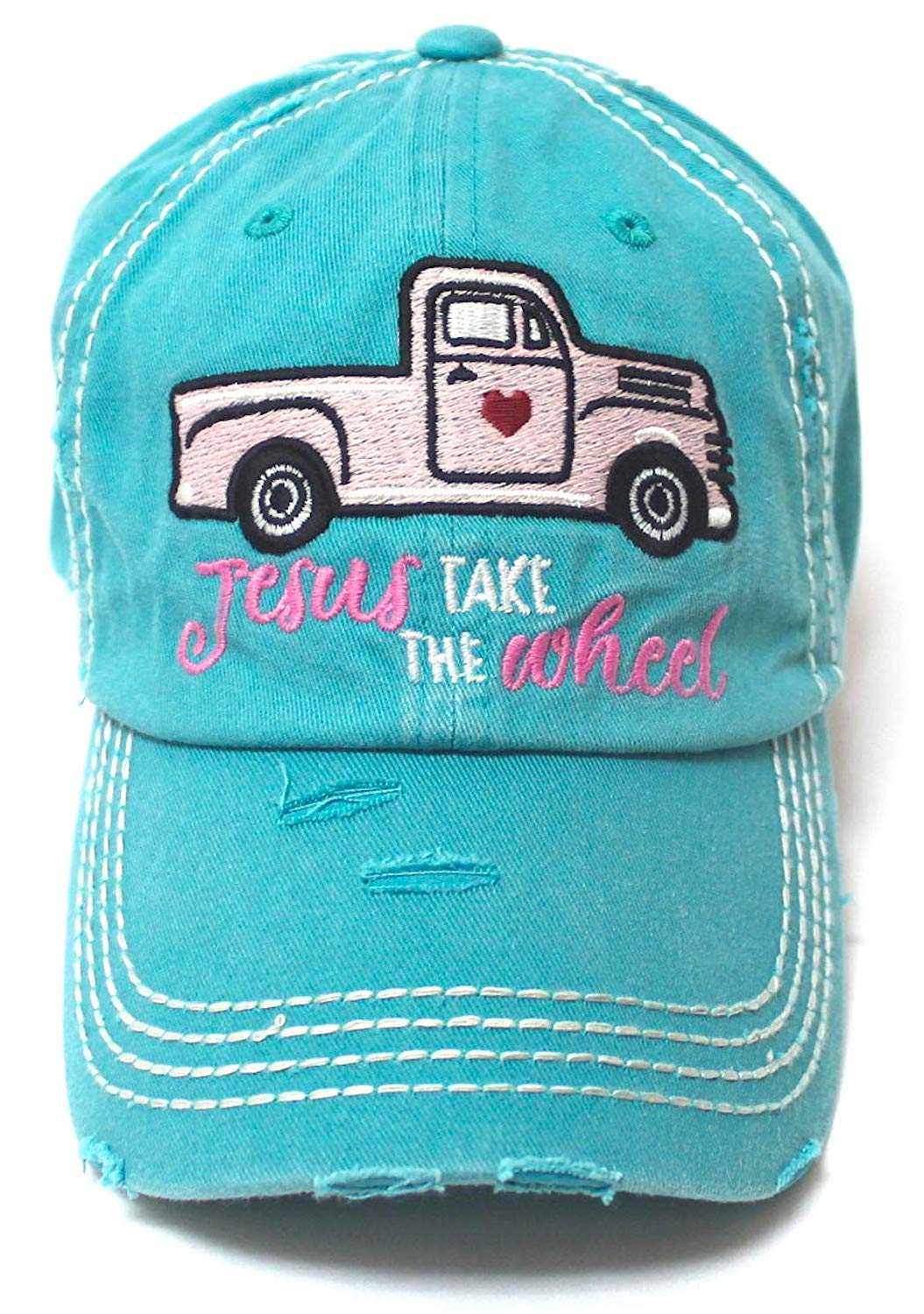 Women's Camping Cap Jesus Take The Wheel Monogram Hippie Truck Hat, Turquoise - Caps 'N Vintage 