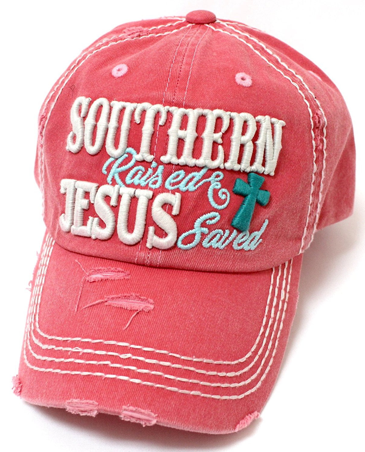 CAPS 'N VINTAGE Women's Southern Raised & Jesus Saved Cross Embroidery Hat - Caps 'N Vintage 