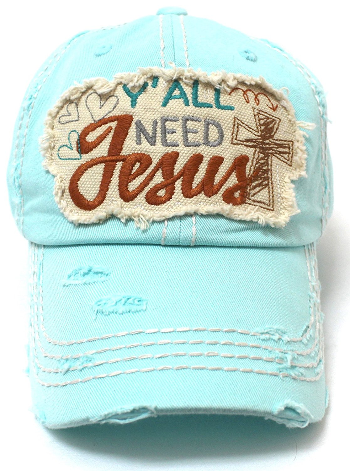 Hearts, Cross, Y'all Need Jesus Patch Embroidery Hat-Ice Blue - Caps 'N Vintage 