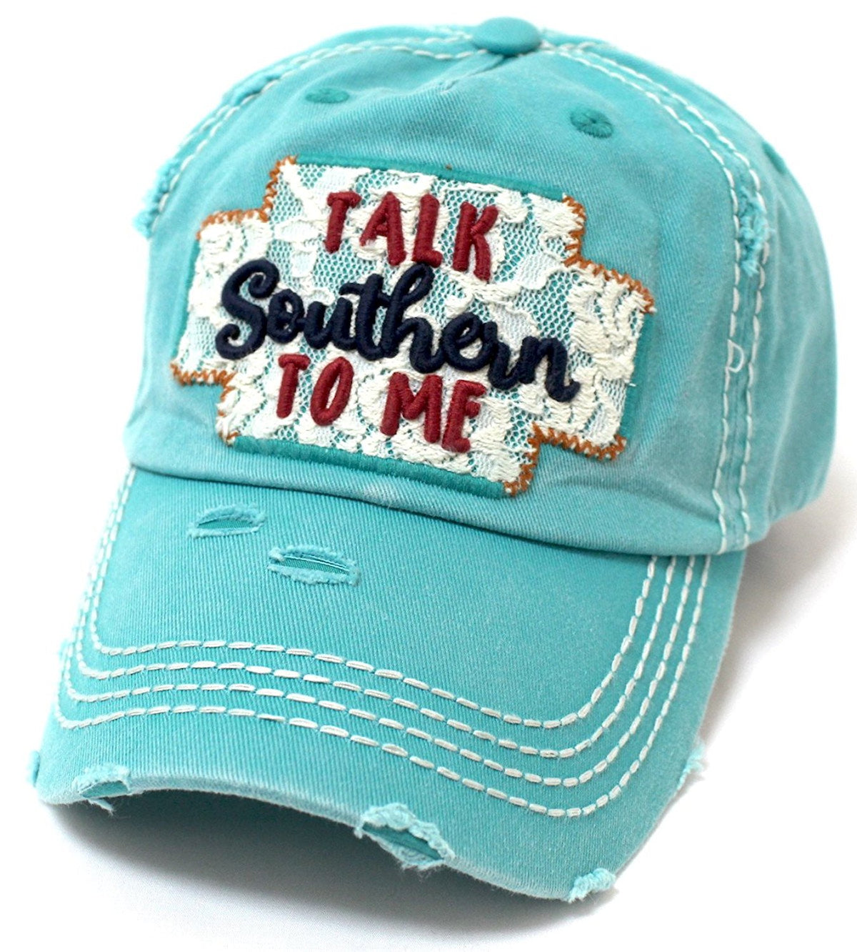CAPS 'N VINTAGE Turquoise Distressed Talk Southern To Me Lace Embroidery Baseball Hat - Caps 'N Vintage 