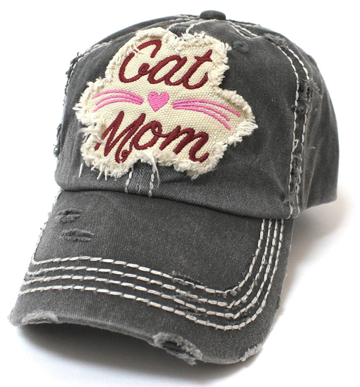 CAPS 'N VINTAGE BLK Cat Mom Heart & Whiskers Patch Embroidery Baseball Hat - Caps 'N Vintage 