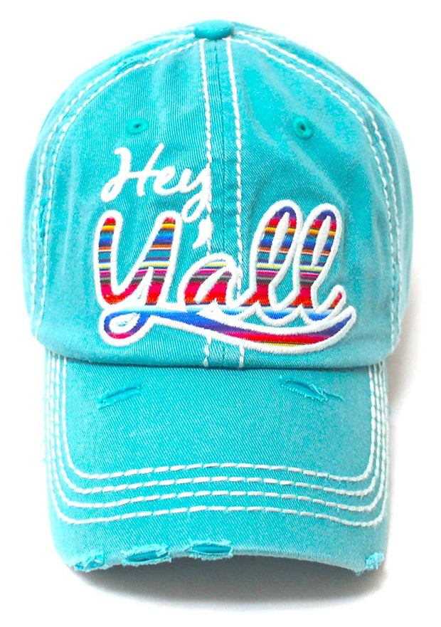 Hey Y'all Serape Monogram Embroidery Adjustable Hat, Vintage Turquoise - Caps 'N Vintage 