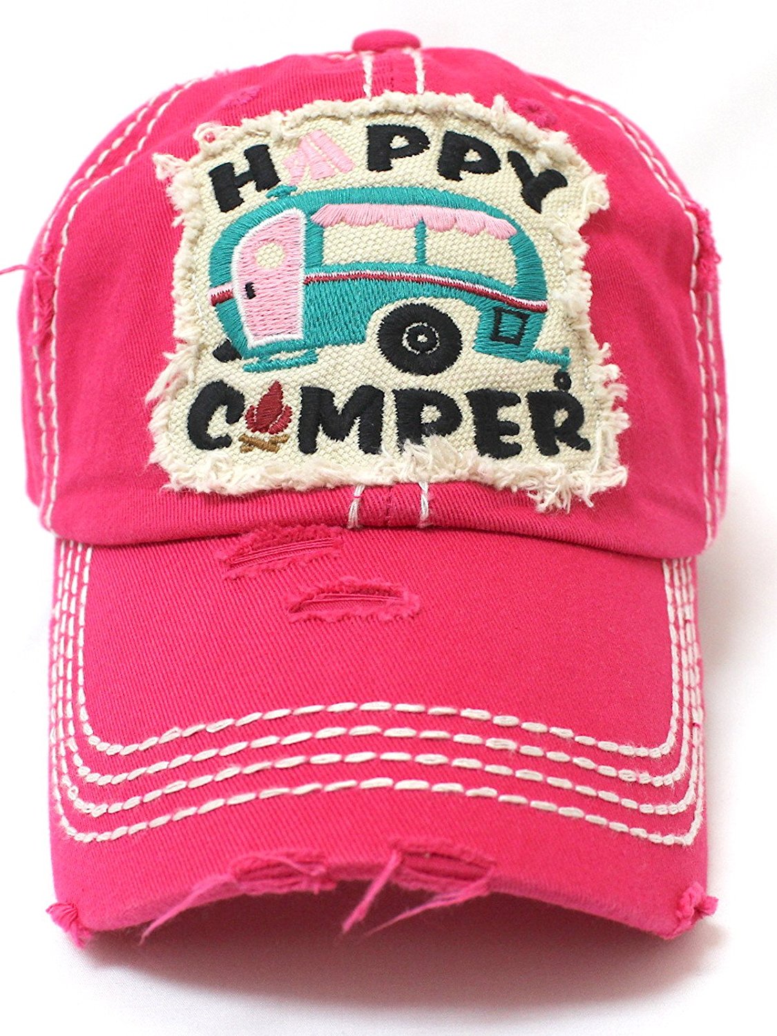HOT PINK Happy Camper Camp Fire Patch Embroidery Baseball Hat - Caps 'N Vintage 