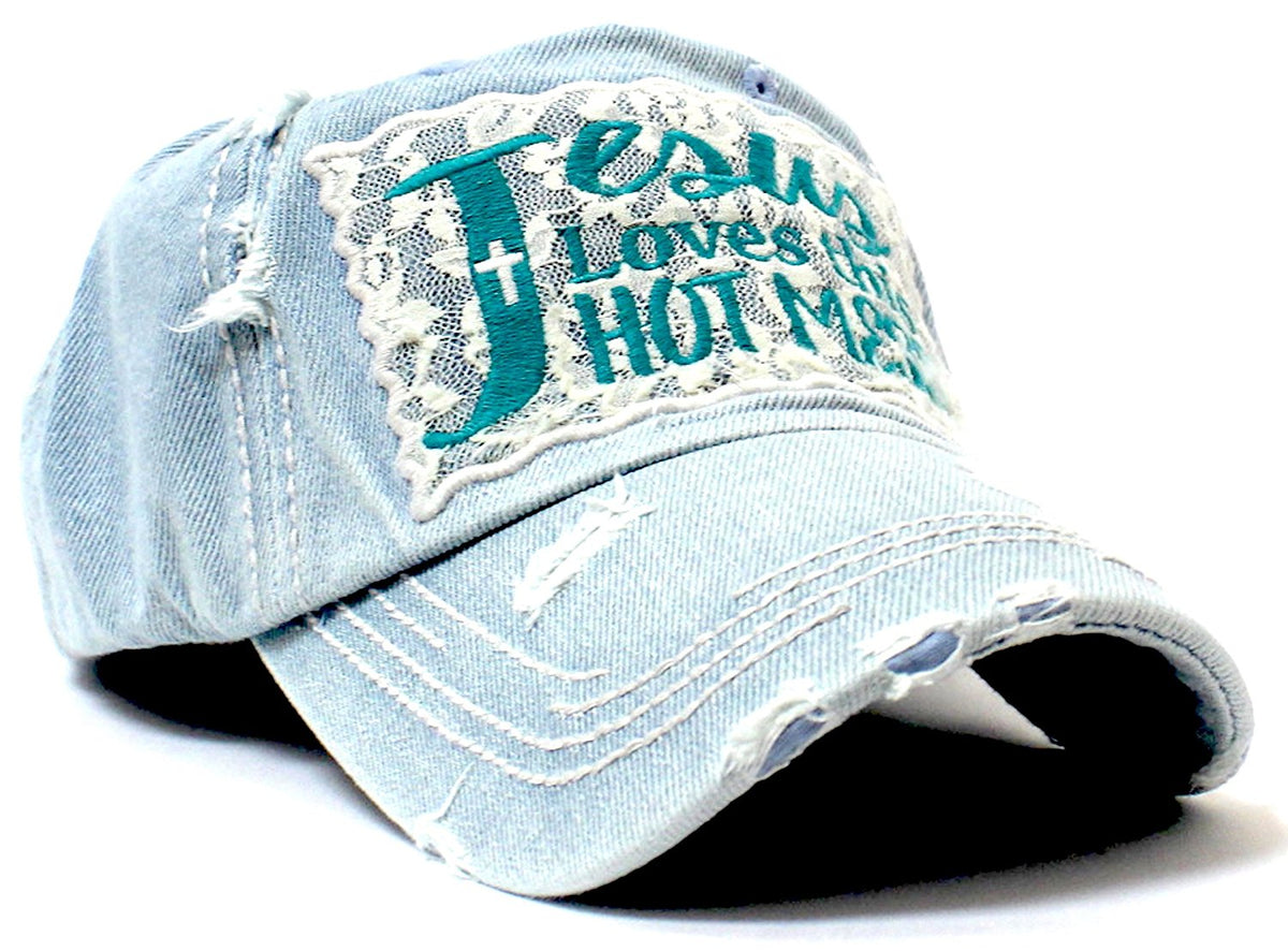 Washed Denim Jesus Loves This Hot Mess Lace Embroidery Cap - Caps 'N Vintage 