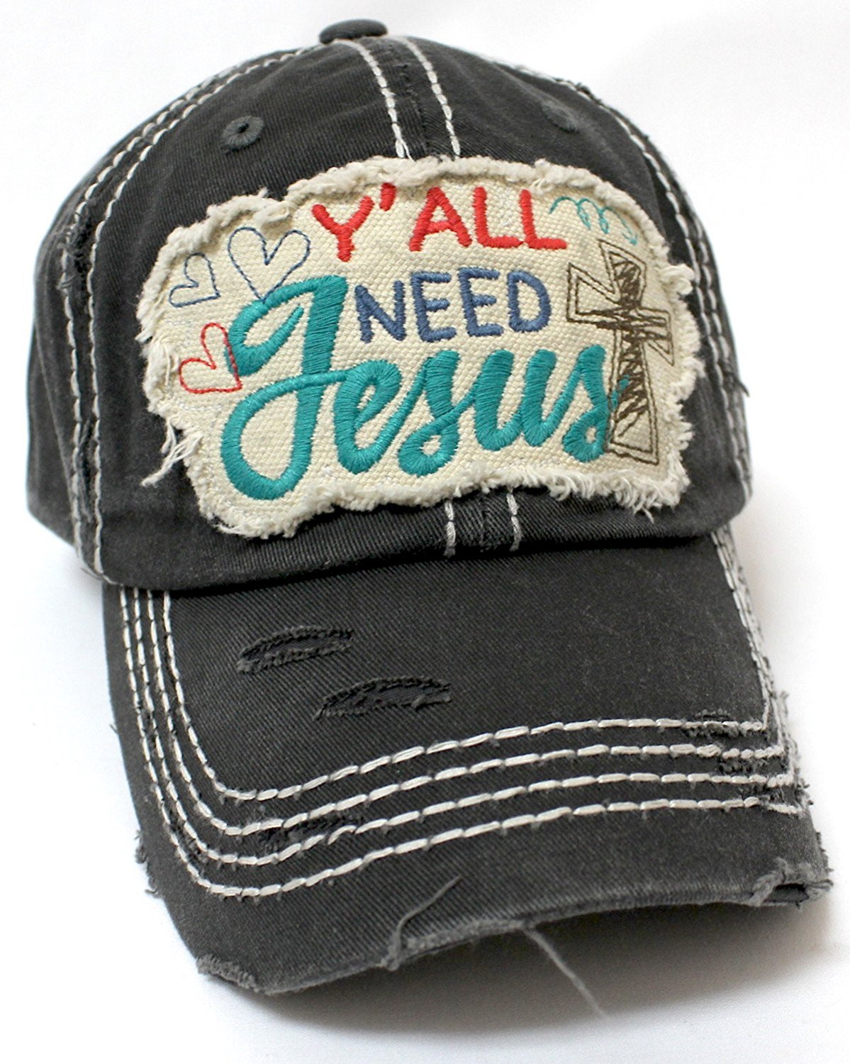 Hearts, Cross, & "Y'all Need Jesus" Patch Embroidery Hat-Black - Caps 'N Vintage 