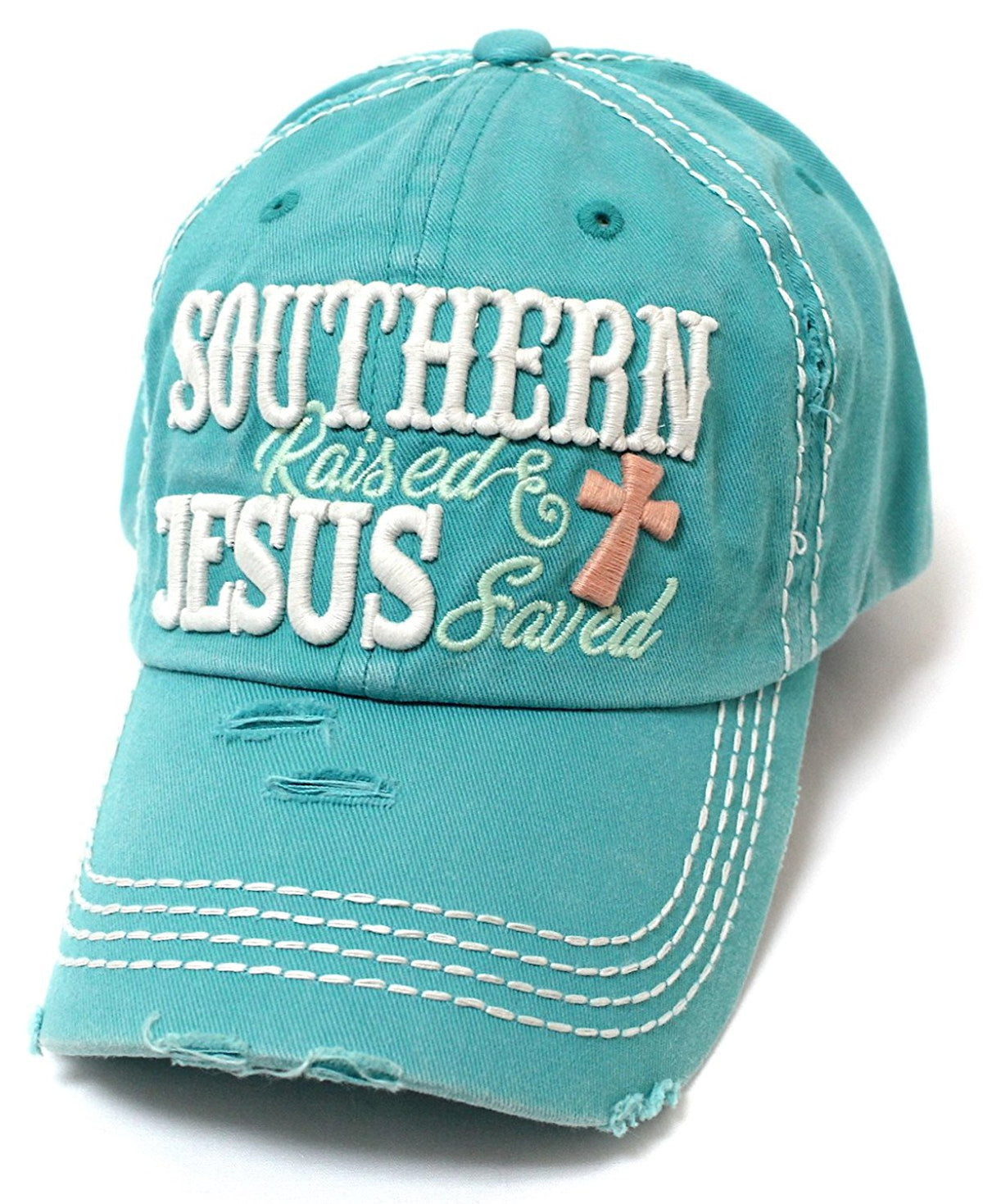 CAPS 'N VINTAGE Turquoise Southern Raised & Jesus Saved Cross Embroidery Hat - Caps 'N Vintage 