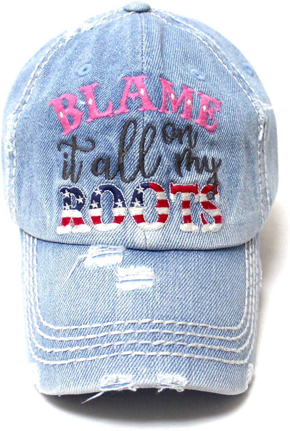 Classic Ballcap Blame it All on My Roots Monogram Embroidery USA Flag Themed Hat, Denim Blue - Caps 'N Vintage 