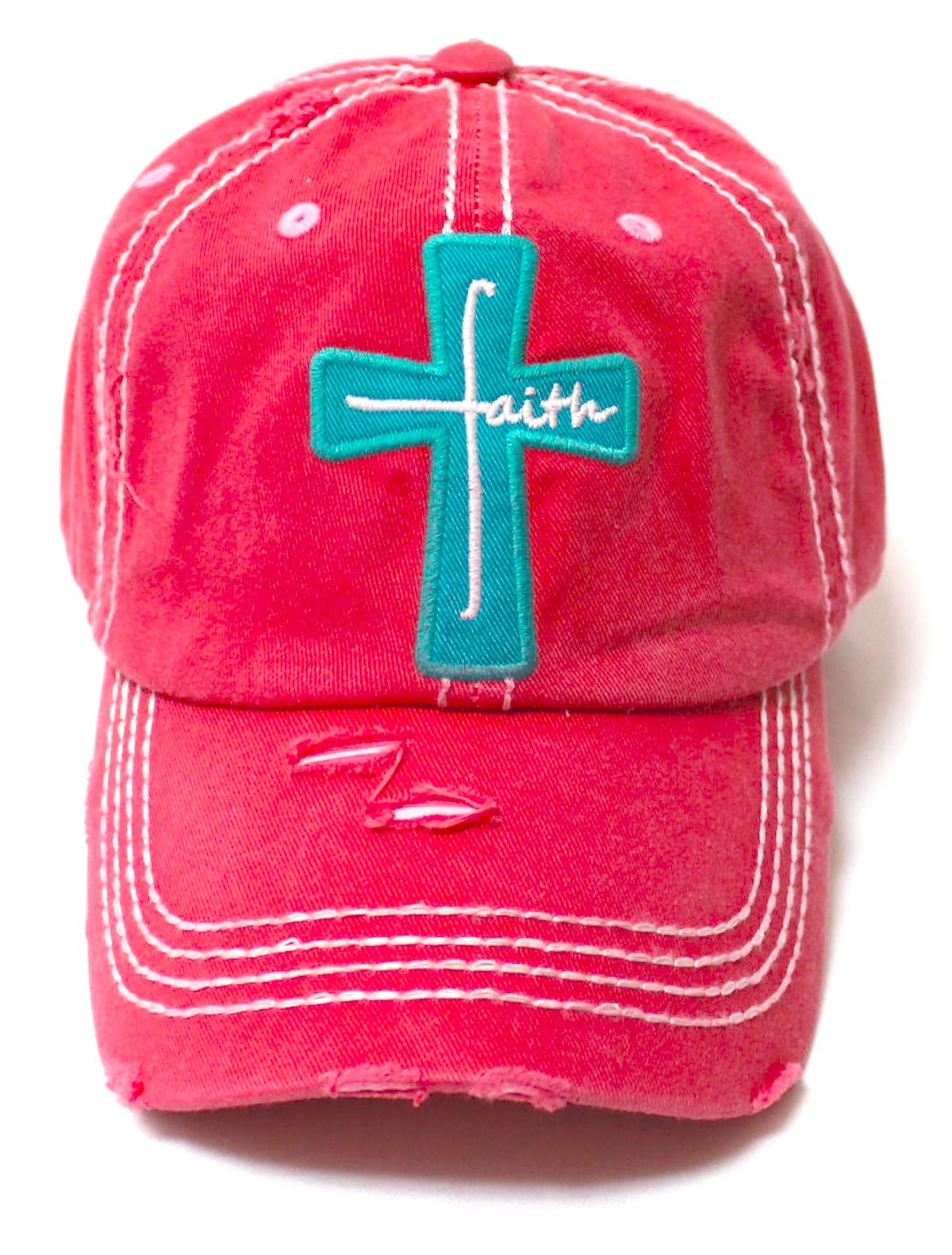 Women's Baseball Cap Faith Monogram Cross Patch Embroidery Monogram Hat, Coral Rose