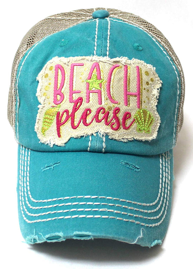 Women's Vintage Trucker Hat Beach Please Patch Embroidery Graphic, Turquoise - Caps 'N Vintage 