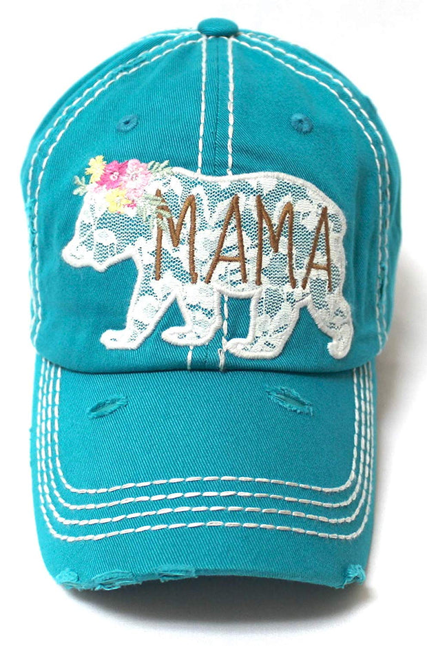 Women's Vintage Mama Graphic Cap, Spring Floral Lace Bear Embroidery, Turquoise - Caps 'N Vintage 