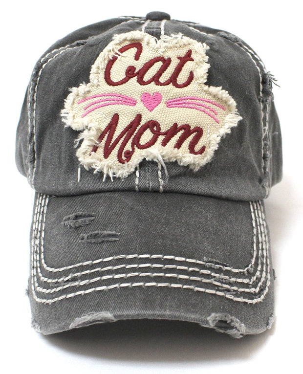 CAPS 'N VINTAGE BLK Cat Mom Heart & Whiskers Patch Embroidery Baseball Hat - Caps 'N Vintage 