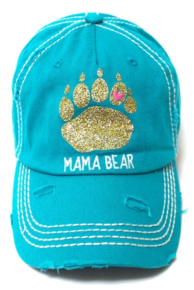 Women's Graphic Ballcap Mama Bear Gold Glitter Paw Print Heart Shape Monogram Hat, Turquoise - Caps 'N Vintage 