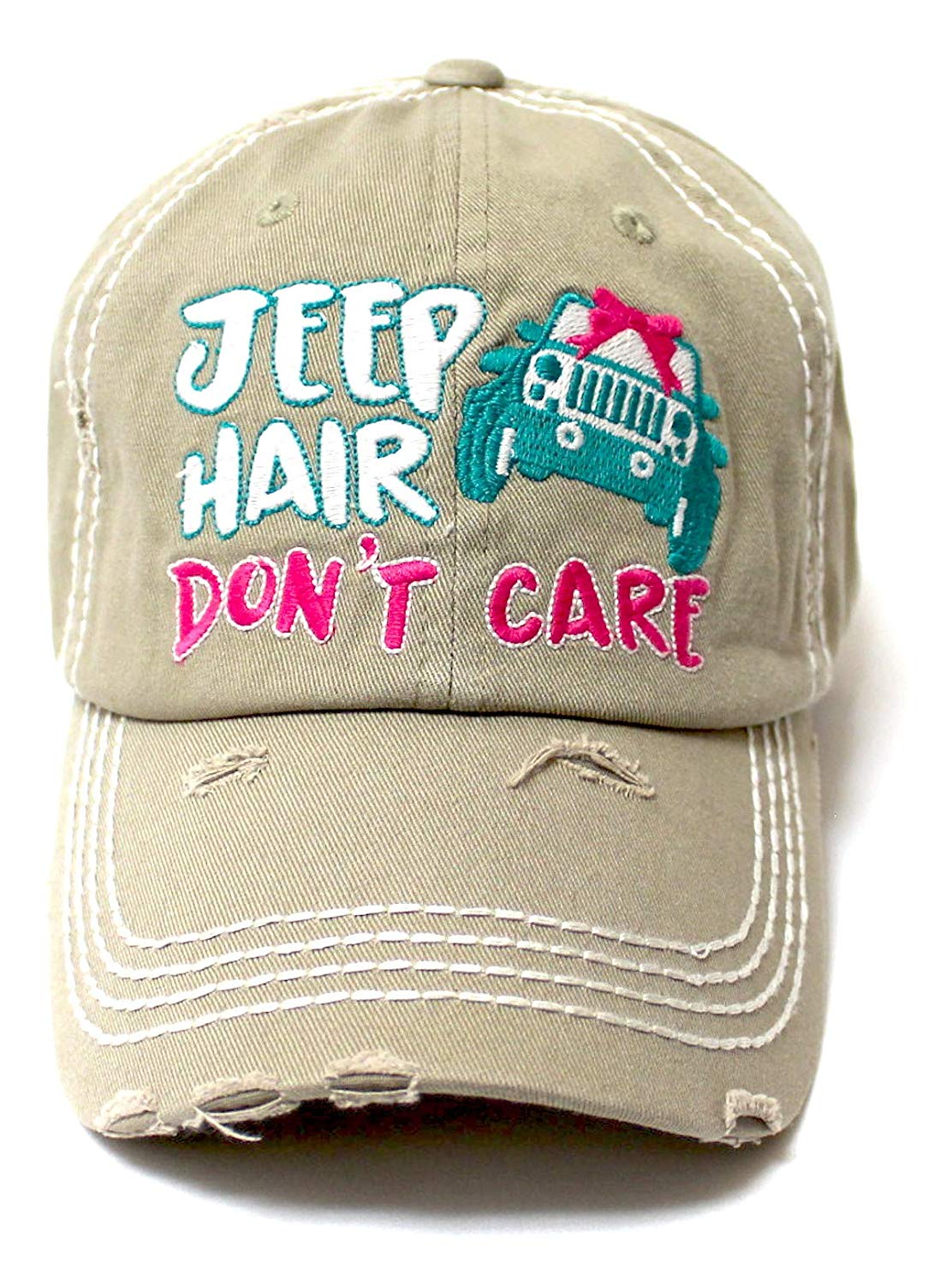 Ladies Bow-Tie Jeep Hair Don't Care Monogram Cheer Baseball Hat, Khaki - Caps 'N Vintage 