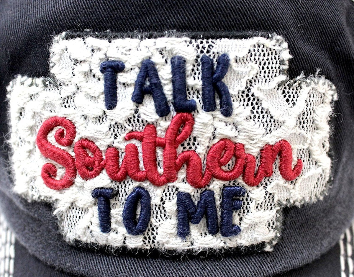 CAPS 'N VINTAGE Women's Distressed Talk Southern To Me Lace Embroidery Vintage Cap-Blk - Caps 'N Vintage 