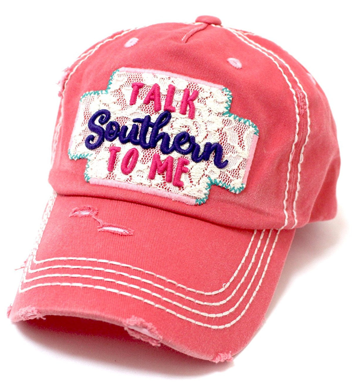 CAPS 'N VINTAGE Women's Distressed Talk Southern To Me Lace Embroidery Vintage Cap-Pink - Caps 'N Vintage 