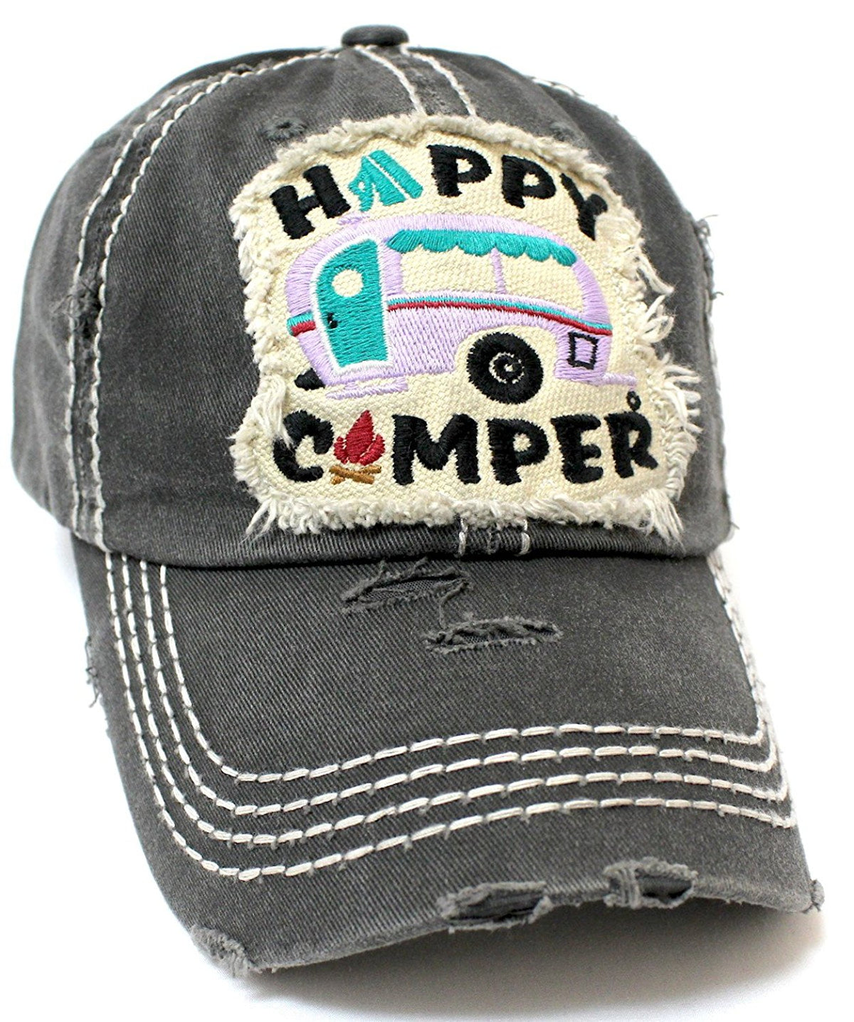 CAPS 'N VINTAGE Women's Happy Camper Camp Fire Patch Embroidery Baseball Hat-Blk/Blue - Caps 'N Vintage 