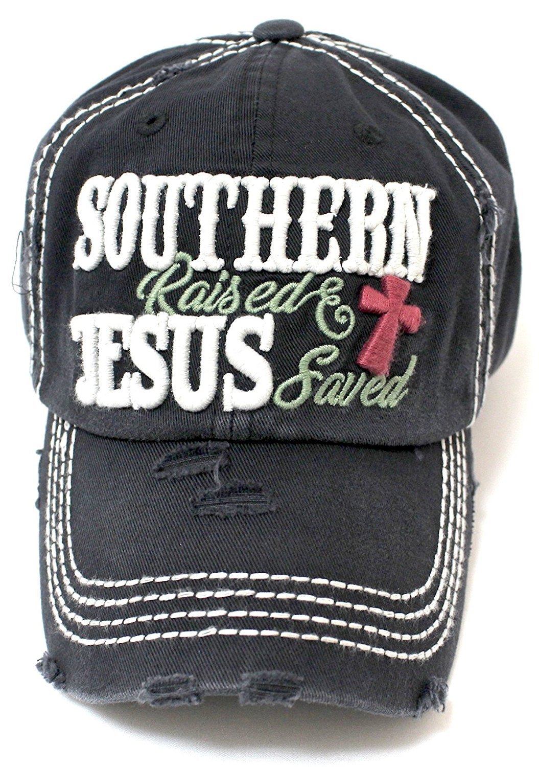 CAPS 'N VINTAGE Black Southern Raised & Jesus Saved Cross Embroidery Hat - Caps 'N Vintage 