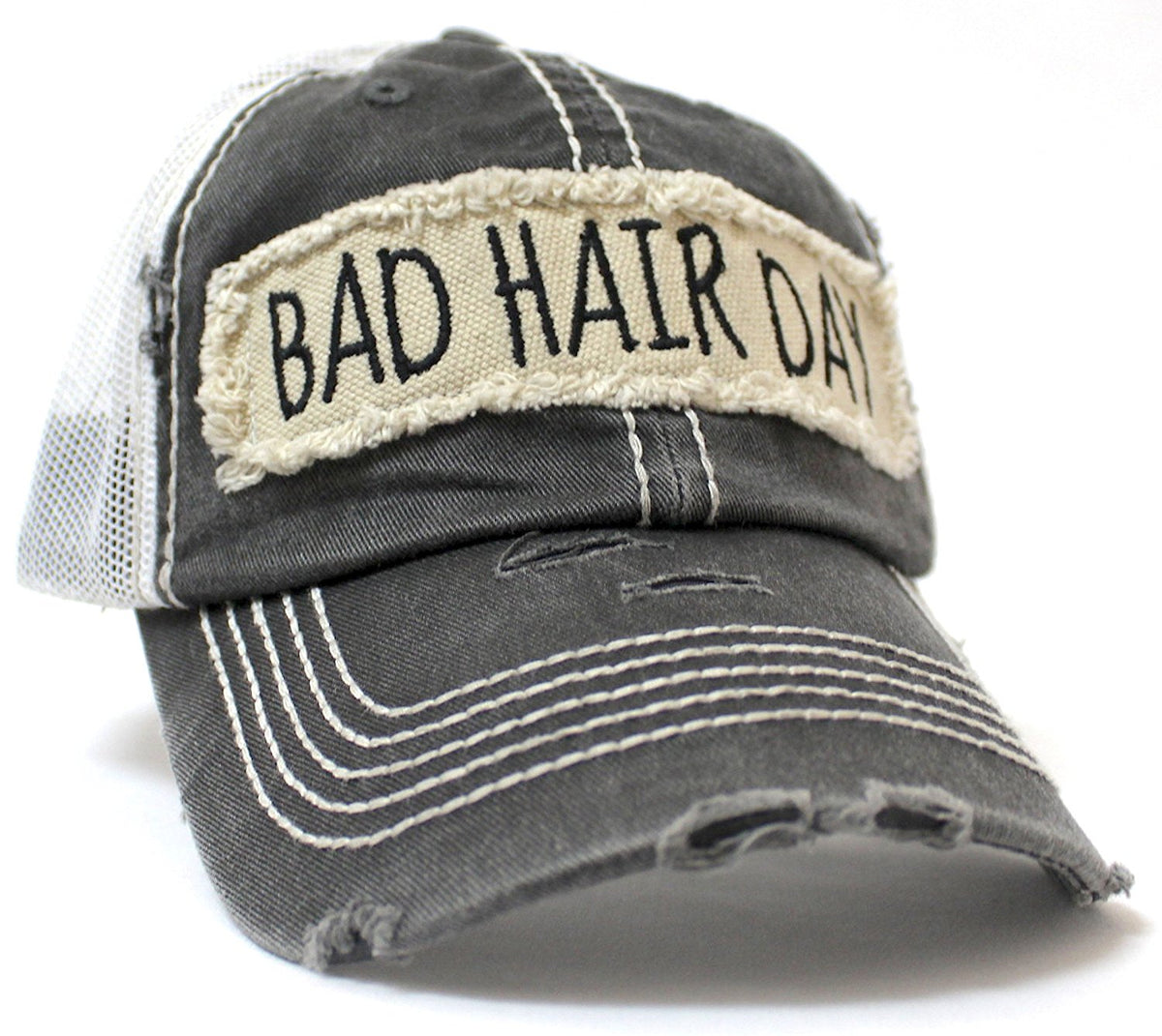NEW! SUMMER MESH COLLECTION--Black "BAD HAIR DAY" Vintage Trucker Hat - Caps 'N Vintage 