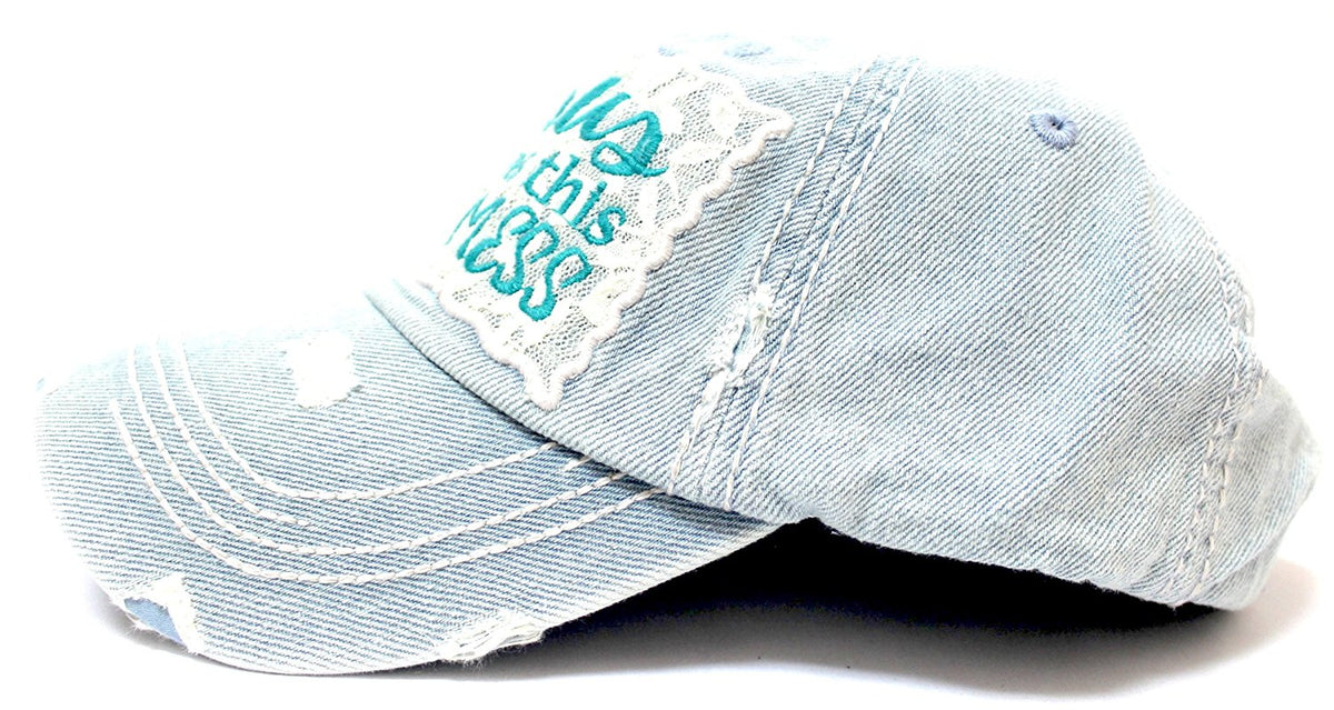 Washed Denim Jesus Loves This Hot Mess Lace Embroidery Cap - Caps 'N Vintage 